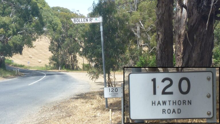 Turn right at the intersection of Hawthorn Road and Bollen Road onto dirt track